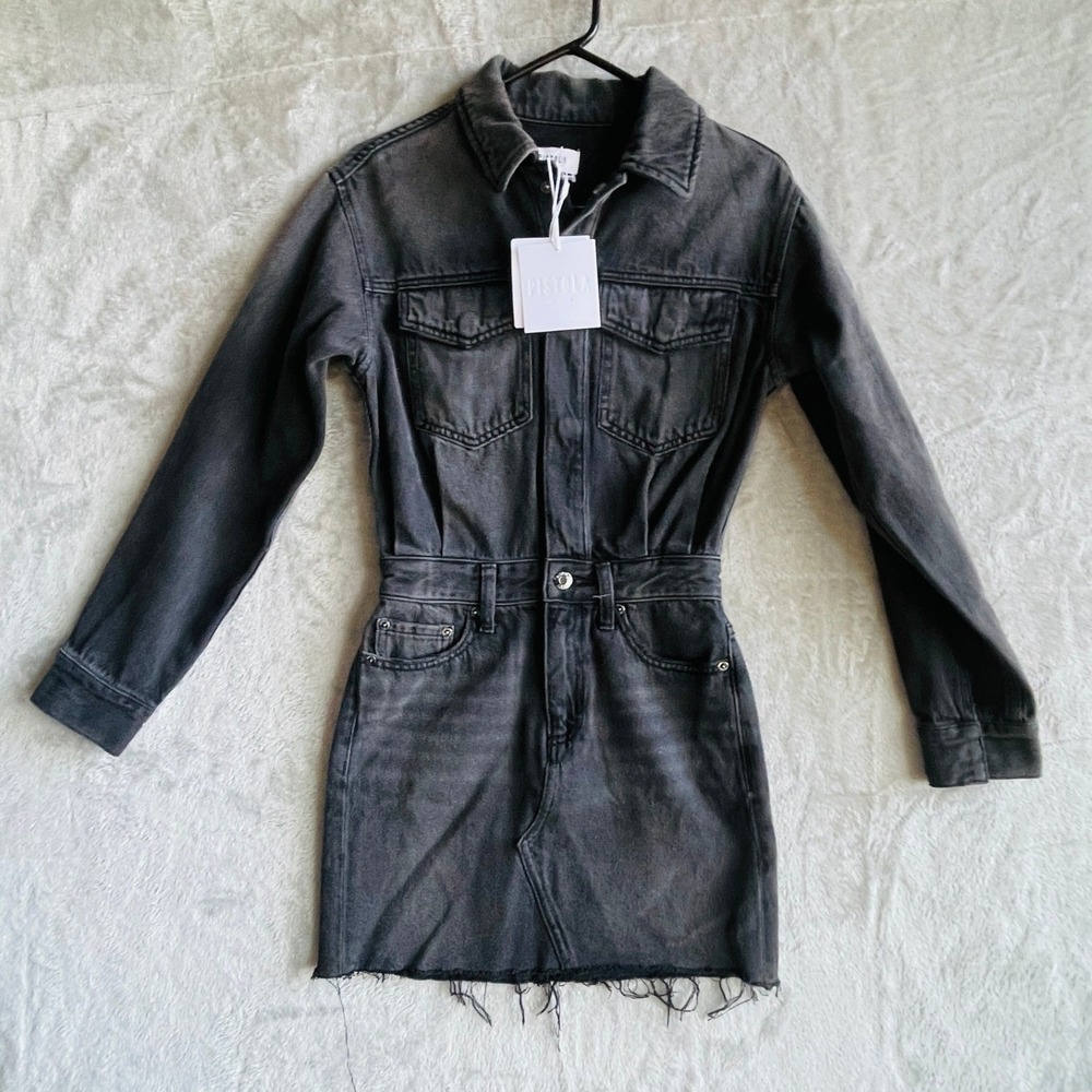 Pistola Denim Dress Womens Nina Station XXS Faded Black Long Sleeve Raw Hem